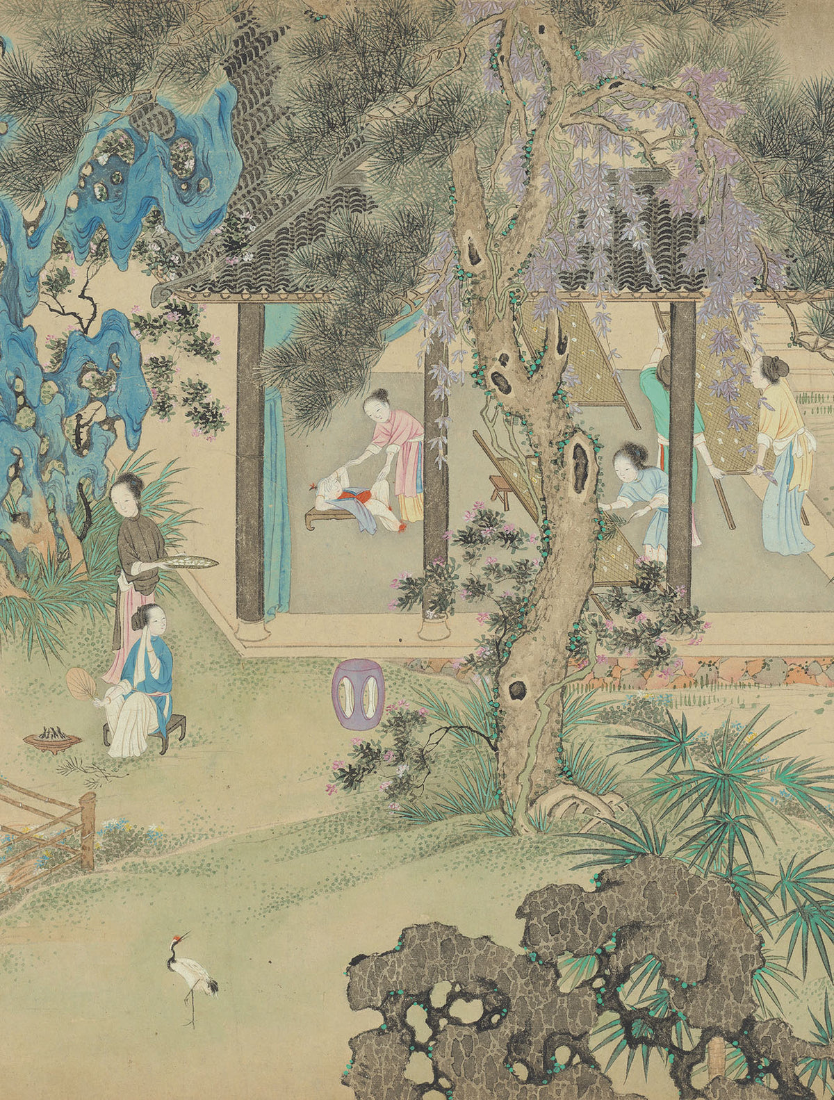 Chinese painting: in a garden, women rear silkworms and prepare the trays